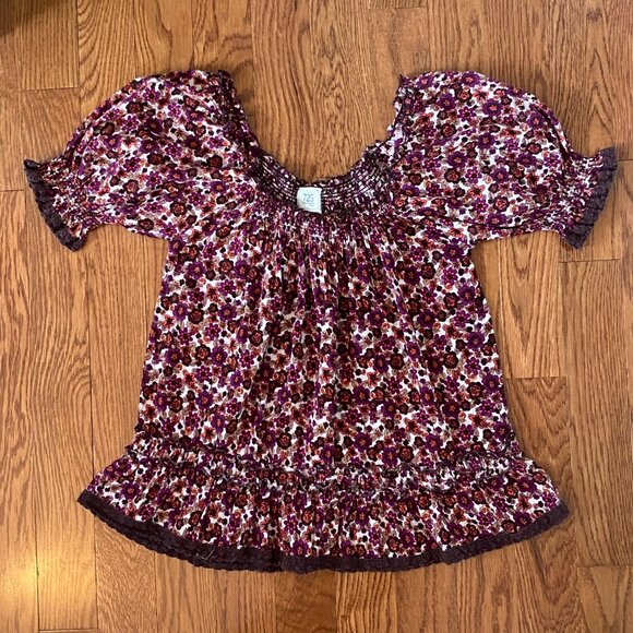 70s Style Floral Peasant Babydoll Puff Sleeve Ruffle Top Boho Cotton - Picture 9 of 9